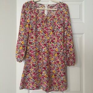 LOFT Pink Multi Floral Tie-Front Long Sleeve Dress